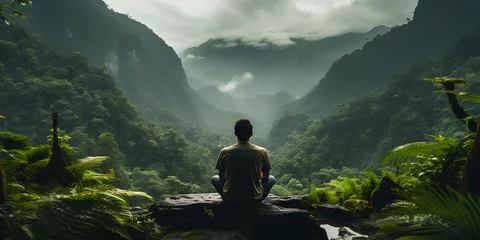 Fotobehang Back view of a sitting man observing the hills covered with rainforest, low clouds © MOUNSSIF