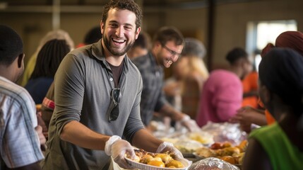 Acts of Kindness Worldwide: A happy volunteer brings food assistance to a diverse group of people in a distribution center. - obrazy, fototapety, plakaty