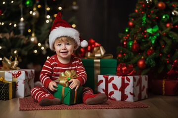 Fototapeta na wymiar Christmas Eve, boy in Santa helper costume holding a gift and sitting among his gifts, Christmas tree in a background.