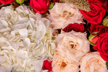 Autumn bouquet of red and white roses, hydrangeas, chrysanthemums as a background.