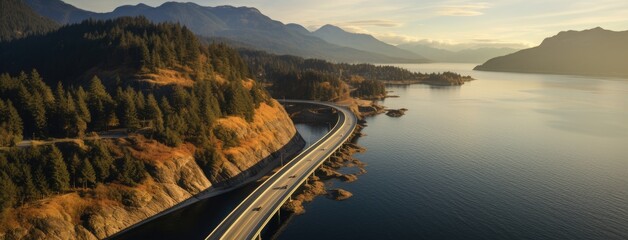 Aerial perspective of a winding section of the Sea to Sky Highway, showcasing the road's integration with the stunning coastal landscape.