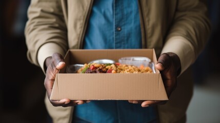 Hands of Compassion: A close-up of a male volunteer's hands holding a box of food for those in need at a refugee assistance center.