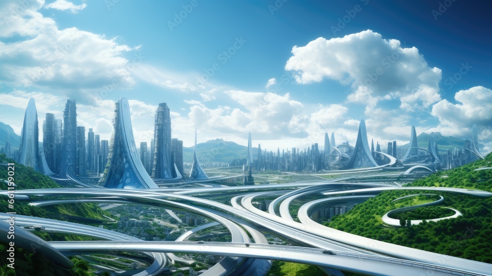 Wall mural a highway with a large city skyline near sunlight, in the style of smooth and curved lines, advertisement inspired,landscape-focused.