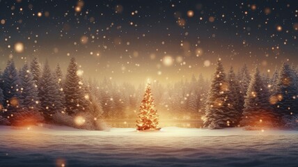 Christmas background, with warm tree in the middle in a snowy night - obrazy, fototapety, plakaty
