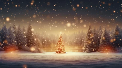 Foto op Canvas Christmas background, with warm tree in the middle in a snowy night © Kùmo