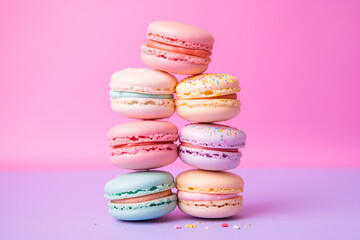 Fototapeta na wymiar colorful pastel color macarons on a pastel pink background