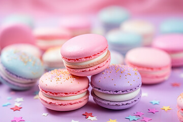 Fototapeta na wymiar colorful pastel color macarons on a pastel pink background