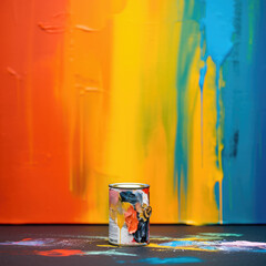 a bucket or jar of paint on the background of a painted wall, repair, construction, house, apartment, painting, colorful, workshop, space for text, bright colors, interior, design, studio