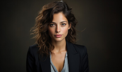 Fototapeta premium Empowerment Personified: Portrait of a Strong Woman with dark colored hair in a Black Blouse Exuding Confidence and Elegance.