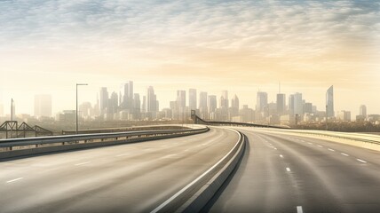 Fototapeta na wymiar a highway with a large city skyline near sunlight, in the style of smooth and curved lines, advertisement inspired,landscape-focused.