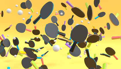 Flying of sport equipment like ping pong racket for table tennis on yellow