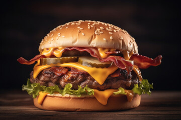 Double cheeseburger with bacon a delicious fast food, generative ai