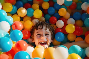 Fototapeta na wymiar happy boy in colorful ball pool. Smiling child playing in ball pit. 