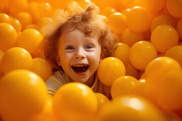 happy kid in ball pool. Smiling child playing in yellow ball pit.  - obrazy, fototapety, plakaty
