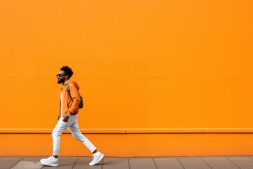 Fototapeta na wymiar diverse black guy walking in the city with orange wall as background. Hipster sports urban fashion style.