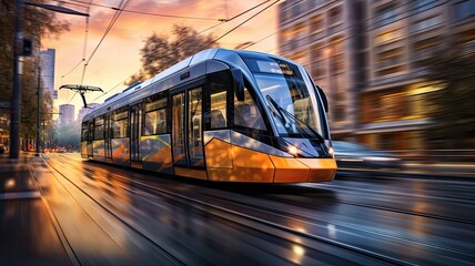 the movement of a tram or light rail system as it traverses the city streets, panning to keep the vehicle sharp while blurring the surroundings. - Powered by Adobe