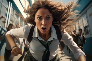 Highly aggressive woman are running into a school. - obrazy, fototapety, plakaty