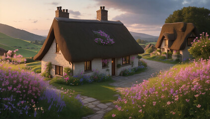 Cozy cottage nestled in a picturesque countryside with a thatched roof - AI Generative - obrazy, fototapety, plakaty
