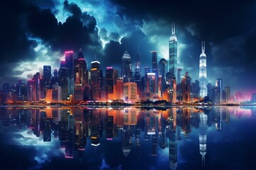 Fototapeta na wymiar Beautiful urban panorama with tall buildings engulfed in vibrant lights during the night. Generative AI