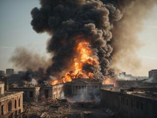 Bombing of the city, city in fire