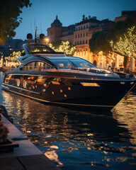  yacht on river in night city. luxury and expensive lifestyle.  Rest and relaxation concept. - obrazy, fototapety, plakaty
