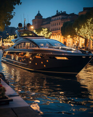  yacht on river in night city. luxury and expensive lifestyle.  Rest and relaxation concept.