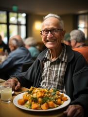 Senior Gentleman Savouring a Colorful Platter in a Bustling Restaurant