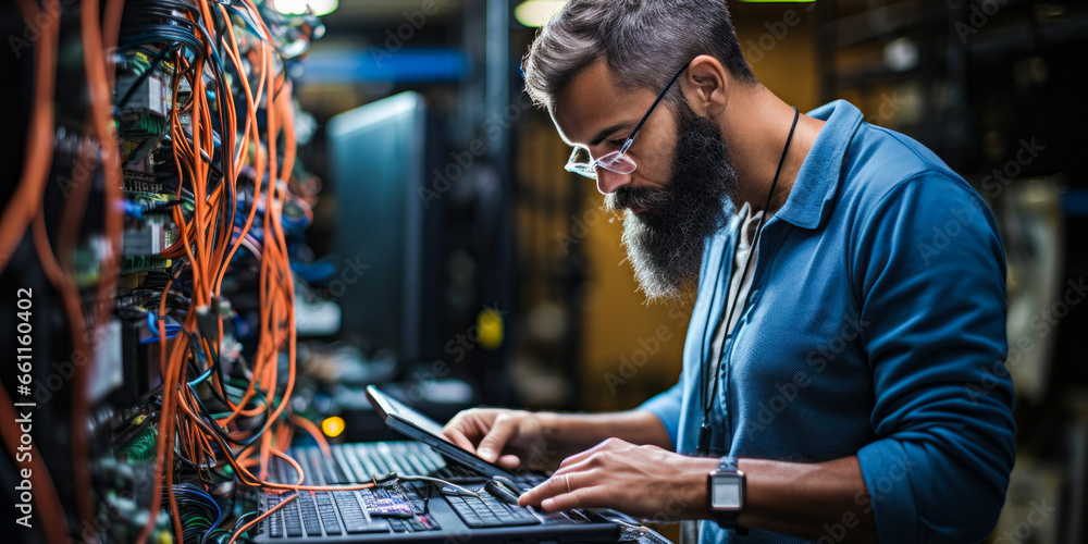 Poster cutting-edge tech: portrait of a specialist in computer network support