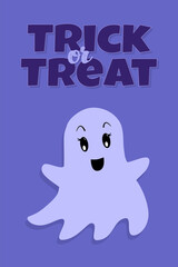 Trick Or Treat Vector Greeting Card. Cute Halloween Ghosts on Blue Background. Poster in Flat Cartoon style