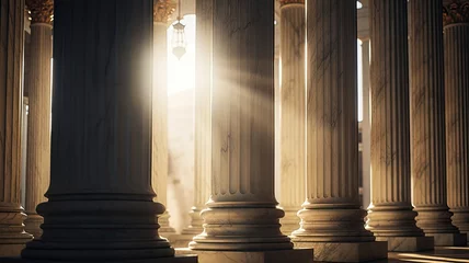 Poster marble columns in soft, natural lighting, with the play of shadows and highlights on their surfaces. the classical charm of these architectural elements. © lililia