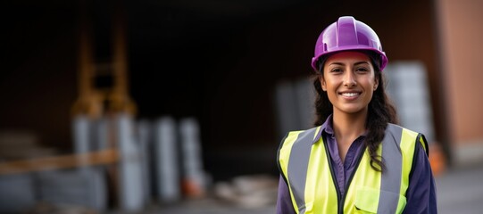 young female hispanic warehouse worker looking at the camera wearing a hardhat and a reflective vest - obrazy, fototapety, plakaty
