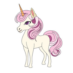 Unicorn colored outline. Hand drawn unicorn in doodle style isolated on white background. Vector illustration.