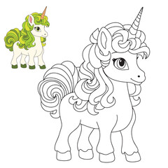 Unicorn coloring page. Cute unicorn in doodle style isolated on white background. Unicorn for coloring book. Vector illustration.