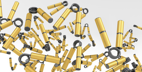 Flying of sport equipment like hand expander or resistance band on white