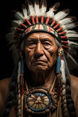Portrait of a native American chief in full costume.