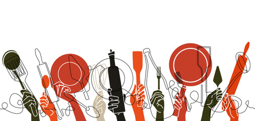 Cooking Seamless Pattern.Cutlery Background. One Line Drawing of Isolated Kitchen Utensils. Restaurant Design Poster. Vector illustration.