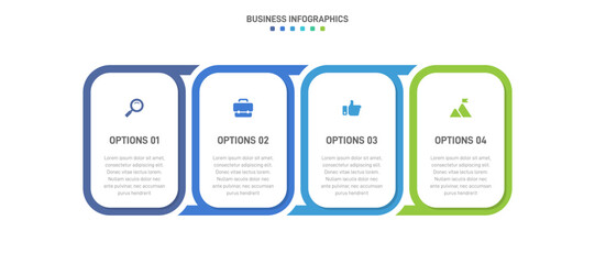 Timeline infographic with infochart. Modern presentation template with 4 spets for business process. Website template on white background for concept modern design. Horizontal layout.