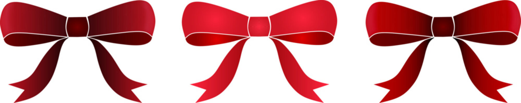 Set of three red bows to decorate a wedding card, gift card or website. EPS10 vector without background.