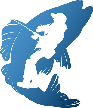 recommend clip art: Fisherman with a fishing rod against the background of a fish silhouette. Fishing and outdoor activities design
