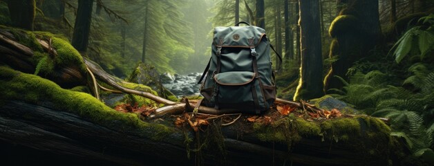 hiking and camping equipment, including a backpack, water bottle, and sturdy shoes, against the backdrop of a lush forest. ample space for informative copy.