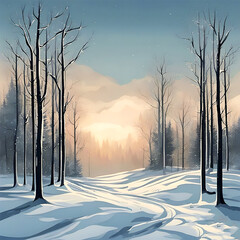 a winter snowy landscape realistic photo including fogs, trees and hills. made with Generative AI