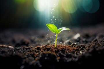 agriculture plant under the drops of water, growing concept in garden and sunlight