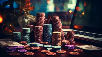 Casino poker tokens. Many different casino tokens on the table close up. Horizontal format for banners, posters, games, advertising. AI generated. - obrazy, fototapety, plakaty