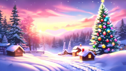 Illustration of a small Christmas themed village with giant Christmas tree in snowy forest.