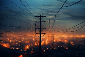 Evening power lines with blurred city lights. Generative AI