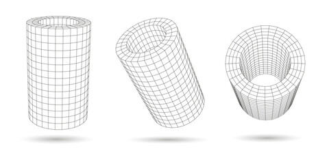 Set of lowpoly 3D geometric figures. Futuristic wireframe polygonal cylinders. For your web-site or banner and etc. Vector illustration.