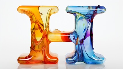 A letter H made of glass filled with colorful liquid on a white base.
