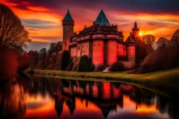 Obraz premium Fantasy Photography of castle, it is red amazing sunset , one ufo is landing there - AI Generative