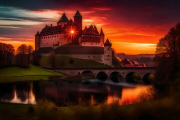 Fantasy Photography of castle, it is red amazing sunset , one ufo is landing there - AI Generative - obrazy, fototapety, plakaty