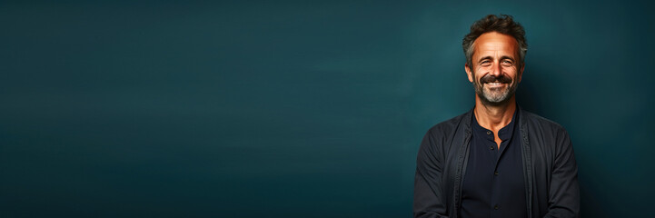 middle age man smiling in front a green seamless background. Banner design with space for text